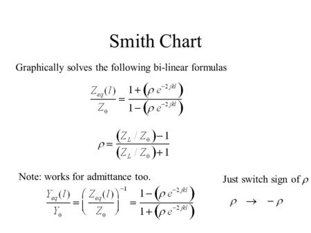 Smith Chart Graphically solves the following bi-linear formulas Note: works for admittance too. Just switch sign of 