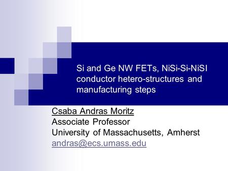 Si and Ge NW FETs, NiSi-Si-NiSI conductor hetero-structures and manufacturing steps Csaba Andras Moritz Associate Professor University of Massachusetts,
