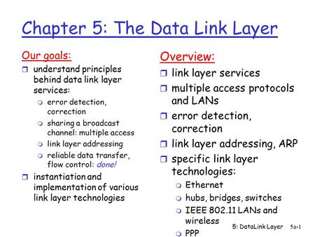 5: DataLink Layer5a-1 Chapter 5: The Data Link Layer Our goals: r understand principles behind data link layer services: m error detection, correction.