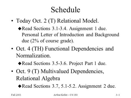 Fall 2001Arthur Keller – CS 1803–1 Schedule Today Oct. 2 (T) Relational Model. u Read Sections 3.1-3.4. Assignment 1 due. Personal Letter of Introduction.