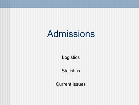 Admissions Logistics Statistics Current issues. Admissions Committee Chairman appointed by Dean Ex officio Dean Assoc. Dean Education Assoc. Dean Student.