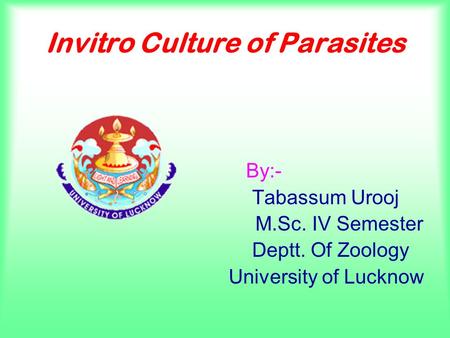 Invitro Culture of Parasites By:- Tabassum Urooj M.Sc. IV Semester Deptt. Of Zoology University of Lucknow.