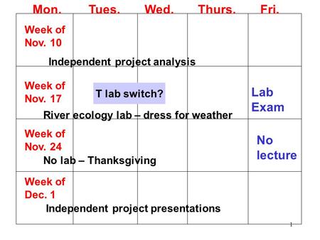 1 Mon. Tues. Wed. Thurs. Fri. Week of Nov. 10 Independent project analysis Week of Nov. 17 River ecology lab – dress for weather Lab Exam T lab switch?