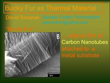 … aligned film of Carbon Nanotubes attached to a metal substrate Bucky Fur as Thermal Material General Carbon Technologies “Bucky.