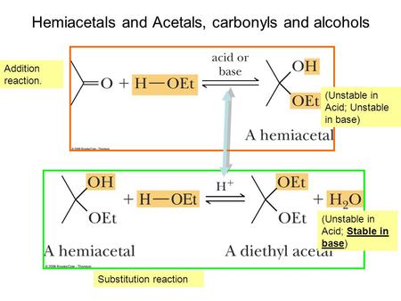 Hemiacetals and Acetals, carbonyls and alcohols (Unstable in Acid; Stable in base) (Unstable in Acid; Unstable in base) Addition reaction. Substitution.