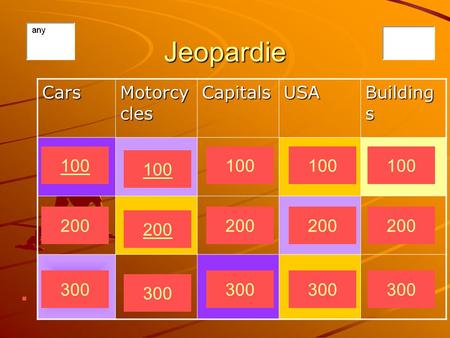 Jeopardie Cars Motorcy cles CapitalsUSA Building s 300 200 100 300 200 100 300 200 100 300 200 100 300 200 100.