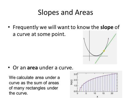 Slopes and Areas Frequently we will want to know the slope of a curve at some point. Or an area under a curve. We calculate area under a curve as the sum.