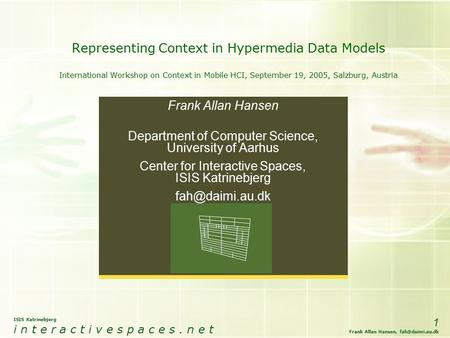 ISIS Katrinebjerg i n t e r a c t i v e s p a c e s. n e t 1 Frank Allan Hansen, Representing Context in Hypermedia Data Models International.