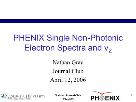 4/12/2006 N. Grau, Journal Club1 PHENIX Single Non-Photonic Electron Spectra and v 2 Nathan Grau Journal Club April 12, 2006.