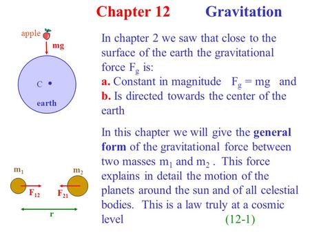 Chapter 12 Gravitation C. apple mg earth m1m1 m2m2 F 12 F 21 r In chapter 2 we saw that close to the surface of the earth the gravitational force F g is: