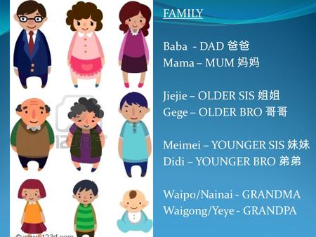FAMILY Baba  - DAD 爸爸 Mama – MUM 妈妈 Jiejie – OLDER SIS 姐姐