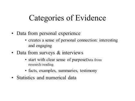 Categories of Evidence Data from personal experience creates a sense of personal connection: interesting and engaging Data from surveys & interviews start.