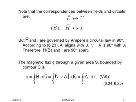EEE340Lecture 221 Note that the correspondences between fields and circuits are: But and I are governed by Ampere’s circuital law in 90 o. According to.