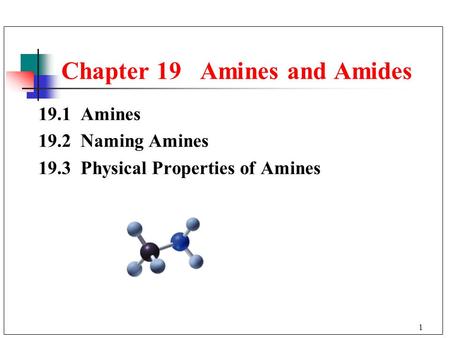 1 19.1 Amines 19.2 Naming Amines 19.3 Physical Properties of Amines Chapter 19 Amines and Amides.
