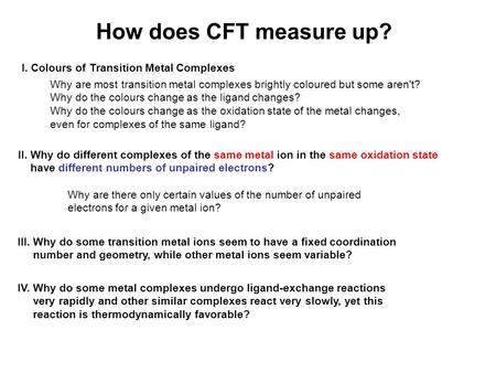 How does CFT measure up? I. Colours of Transition Metal Complexes