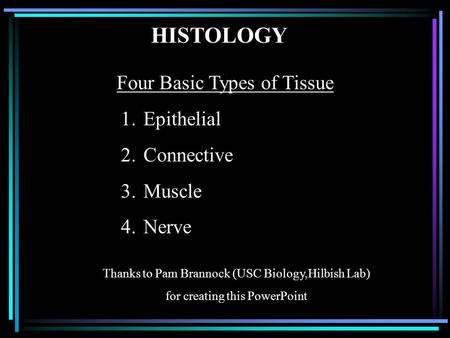 HISTOLOGY Four Basic Types of Tissue 1.Epithelial 2.Connective 3.Muscle 4.Nerve Thanks to Pam Brannock (USC Biology,Hilbish Lab) for creating this PowerPoint.