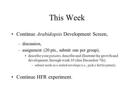 This Week Continue Arabidopsis Development Screen, –discussion, –assignment (20 pts., submit one per group), describe your putants, describe and illustrate.