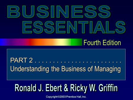 Fourth Edition Copyright ©2003 Prentice Hall, Inc. PART 2........................ Understanding the Business of Managing.