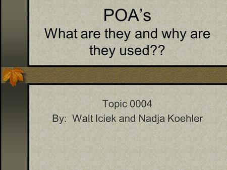 POA’s What are they and why are they used?? Topic 0004 By: Walt Iciek and Nadja Koehler.