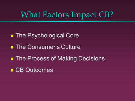 What Factors Impact CB? The Psychological Core The Consumer’s Culture