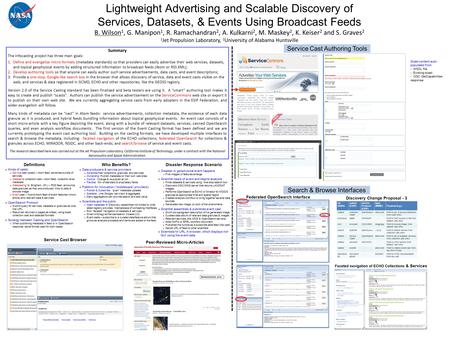 Lightweight Advertising and Scalable Discovery of Services, Datasets, & Events Using Broadcast Feeds B. Wilson 1, G. Manipon 1, R. Ramachandran 2, A. Kulkarni.