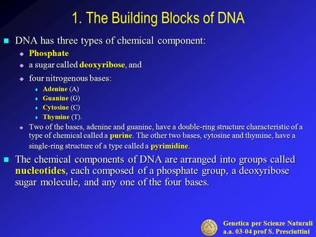 Genetica per Scienze Naturali a.a. 03-04 prof S. Presciuttini 1. The Building Blocks of DNA DNA has three types of chemical component: DNA has three types.
