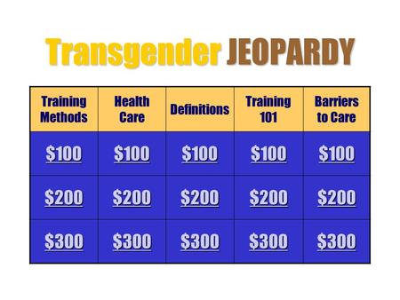 Transgender JEOPARDY Training Methods Health Care Definitions Training 101 Barriers to Care $100 $200 $300.