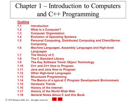  2000 Prentice Hall, Inc. All rights reserved. Chapter 1 – Introduction to Computers and C++ Programming Outline 1.1Introduction 1.2What Is a Computer?