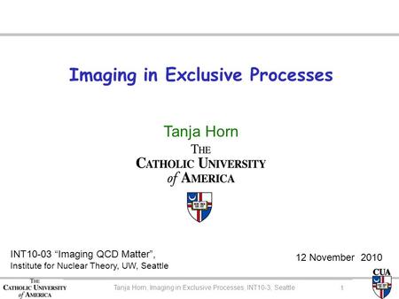 Imaging in Exclusive Processes Tanja Horn INT10-03 “Imaging QCD Matter”, Institute for Nuclear Theory, UW, Seattle 12 November 2010 Tanja Horn, CUA Colloquium.