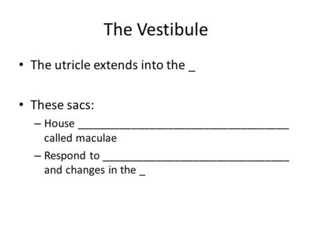 The Vestibule The utricle extends into the _ These sacs: – House ___________________________________ called maculae – Respond to _______________________________.