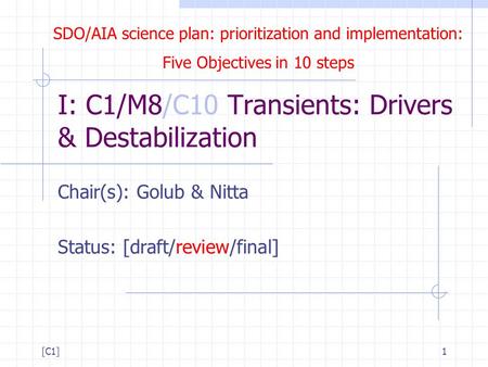 SDO/AIA science plan: prioritization and implementation: Five Objectives in 10 steps [C1]1 I: C1/M8/C10 Transients: Drivers & Destabilization Chair(s):