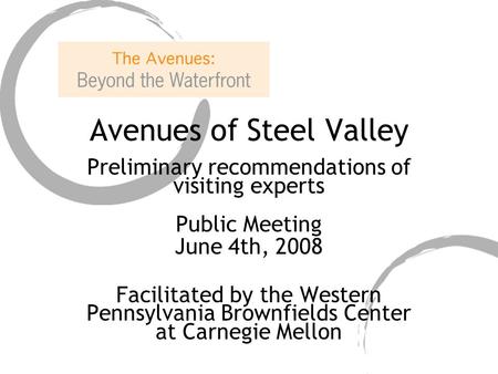Avenues of Steel Valley Preliminary recommendations of visiting experts Public Meeting June 4th, 2008 Facilitated by the Western Pennsylvania Brownfields.