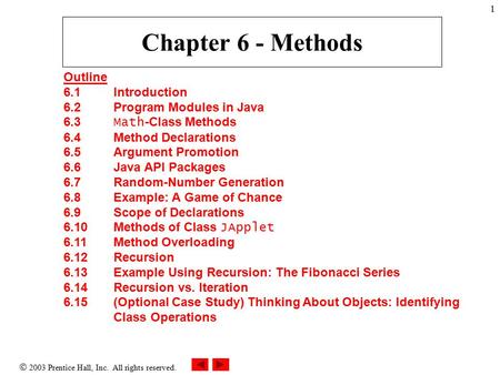  2003 Prentice Hall, Inc. All rights reserved. 1 Chapter 6 - Methods Outline 6.1 Introduction 6.2 Program Modules in Java 6.3 Math -Class Methods 6.4.