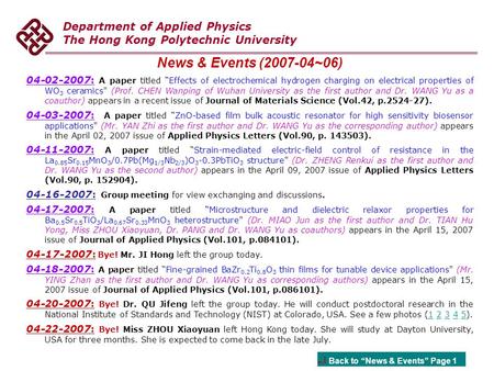 Department of Applied Physics The Hong Kong Polytechnic University News & Events (2007-04~06) 04-02-2007: A paper titled “Effects of electrochemical hydrogen.
