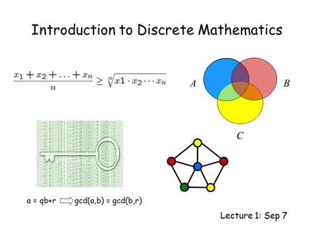 Introduction to Discrete Mathematics Lecture 1: Sep 7 AB C a = qb+r gcd(a,b) = gcd(b,r)