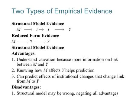 26-1 Two Types of Empirical Evidence Structural Model Evidence M i I Y Reduced Form Evidence M ? Y Structural Model Evidence Advantages: 1.Understand causation.