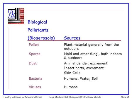PollenPlant material generally from the outdoors SporesMold and other fungi, both indoors & outdoors DustAnimal dander, excrement Insect parts, excrement.