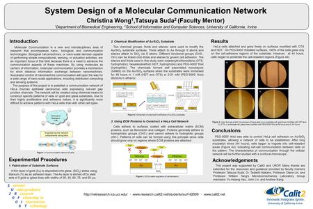 System Design of a Molecular Communication Network Christina Wong 1,Tatsuya Suda 2 (Faculty Mentor) 1 Department of Biomedical Engineering, 2 School of.