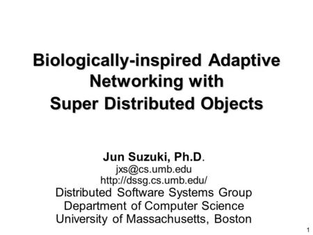1 Biologically-inspired Adaptive Networking with Super Distributed Objects Jun Suzuki, Ph.D.  Distributed Software.