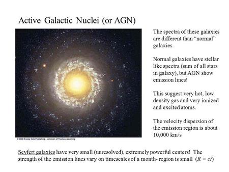 Active Galactic Nuclei (or AGN) Seyfert galaxies have very small (unresolved), extremely powerful centers! The strength of the emission lines vary on timescales.