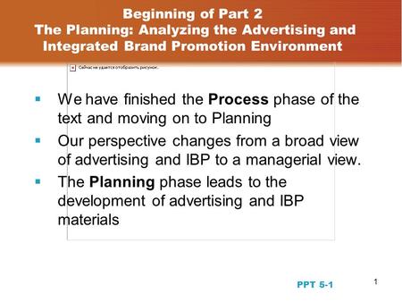 Beginning of Part 2 The Planning: Analyzing the Advertising and Integrated Brand Promotion Environment We have finished the Process phase of the text.