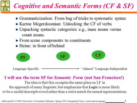 Arbib and Itti: CS 664 (University of Southern California, Spring 2002) Integrating Vision, Action and Language 1 Grammaticization: From bag of tricks.