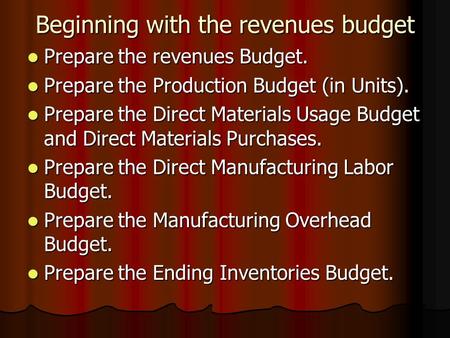 Beginning with the revenues budget Prepare the revenues Budget. Prepare the revenues Budget. Prepare the Production Budget (in Units). Prepare the Production.