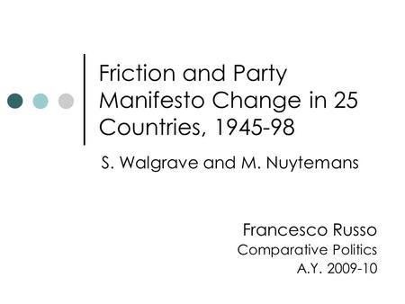 Friction and Party Manifesto Change in 25 Countries, 1945-98 S. Walgrave and M. Nuytemans Francesco Russo Comparative Politics A.Y. 2009-10.