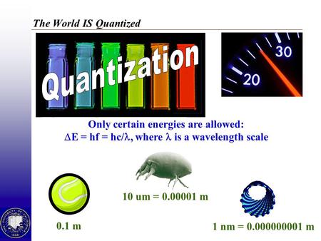 The World IS Quantized 1 nm = 0.000000001 m 10 um = 0.00001 m 0.1 m Only certain energies are allowed:  E = hf = hc/, where  is a wavelength scale.