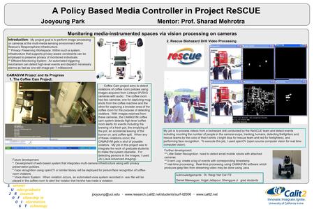 A Policy Based Media Controller in Project ReSCUE Jooyoung Park Mentor: Prof. Sharad Mehrotra Monitoring media-instrumented spaces via vision processing.
