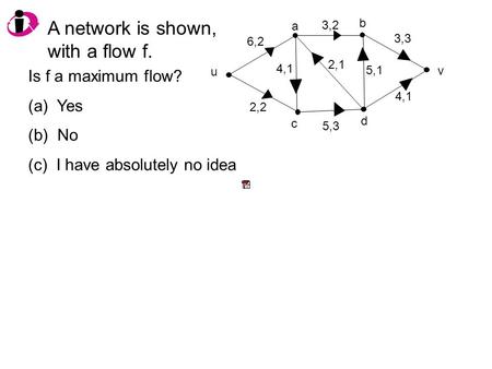 A network is shown, with a flow f. v u 6,2 2,2 4,1 5,3 2,1 3,2 5,1 4,1 3,3 Is f a maximum flow? (a) Yes (b) No (c) I have absolutely no idea a b c d.