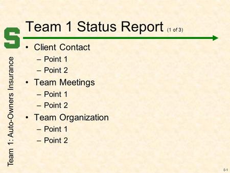 0-1 Team 1 Status Report (1 of 3) Client Contact –Point 1 –Point 2 Team Meetings –Point 1 –Point 2 Team Organization –Point 1 –Point 2 Team 1: Auto-Owners.