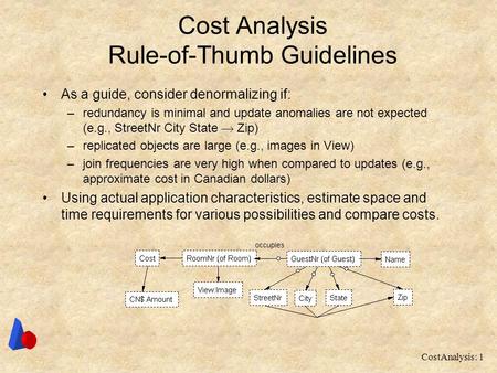 CostAnalysis: 1 Cost Analysis Rule-of-Thumb Guidelines As a guide, consider denormalizing if: –redundancy is minimal and update anomalies are not expected.