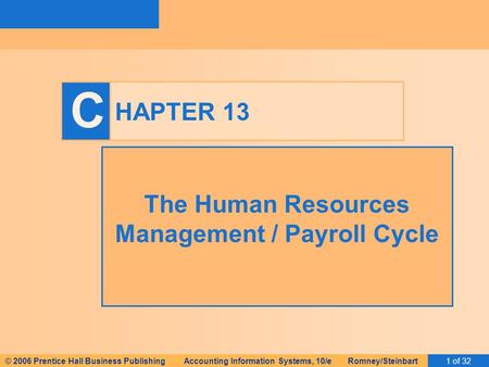 © 2006 Prentice Hall Business Publishing Accounting Information Systems, 10/e Romney/Steinbart1 of 32 C HAPTER 13 The Human Resources Management / Payroll.